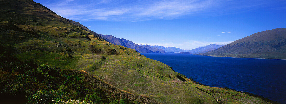 Panorama of Lake Wakatipu and surrounding landscape, Queenstown, South Island, New Zealand