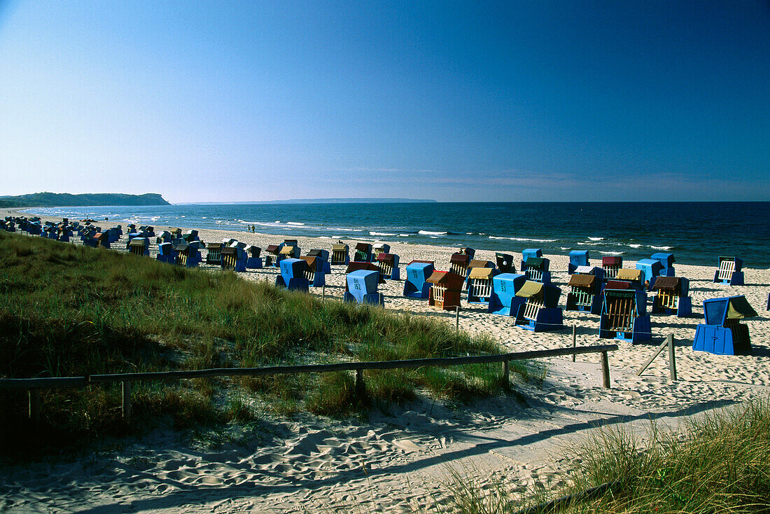 Beach chairs at sandy beach, Goehren, Ruegen Island, Mecklenburg-Western Pomerania, Germany