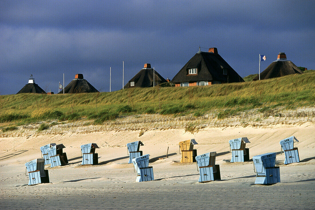 Beach chairs at sandy beach, Sylt Island, Schleswig-Holstein, Germany
