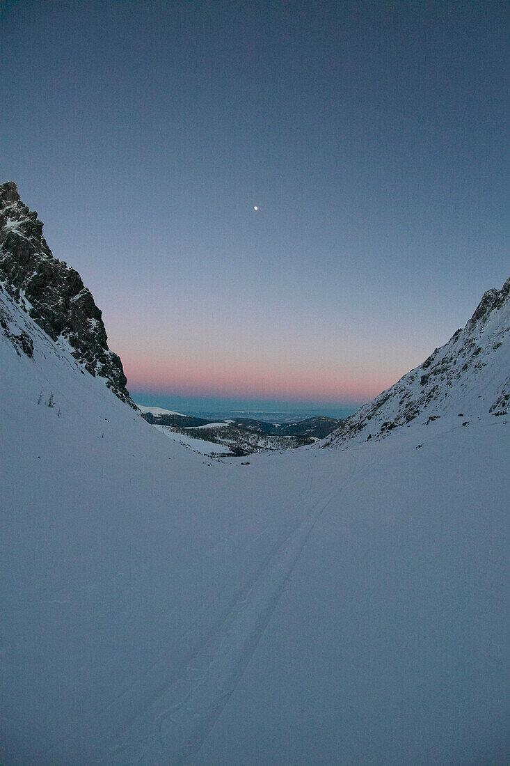 Snowy valley, Sunset, Falkertsee, Carinthia, Austria