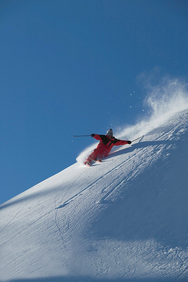 Man, Skiing, Powderturn, Downhill, Warth, Arlberg, Tyrol, Austria