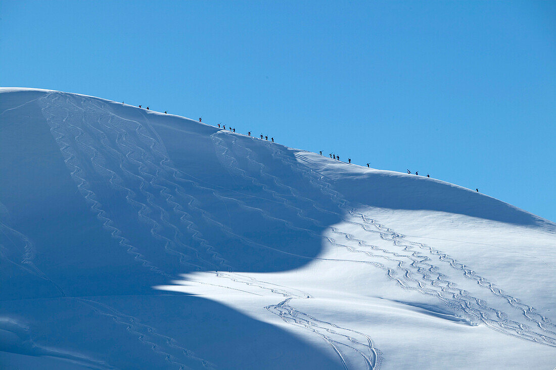 Männer, verschneiter Berg, Wanderung Skispuren, Warth, Arlberg, Tirol, Österreich