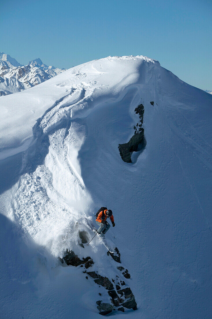 Man, Skiing, Cliffdropp, Downhill, St Luc, Chandolin, Valais, Switzerland
