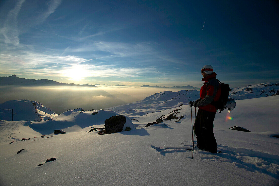 Mann, Winter Sonnenuntergang, Skifahrer, St Luc, Chandolin, Wallis, Schweiz
