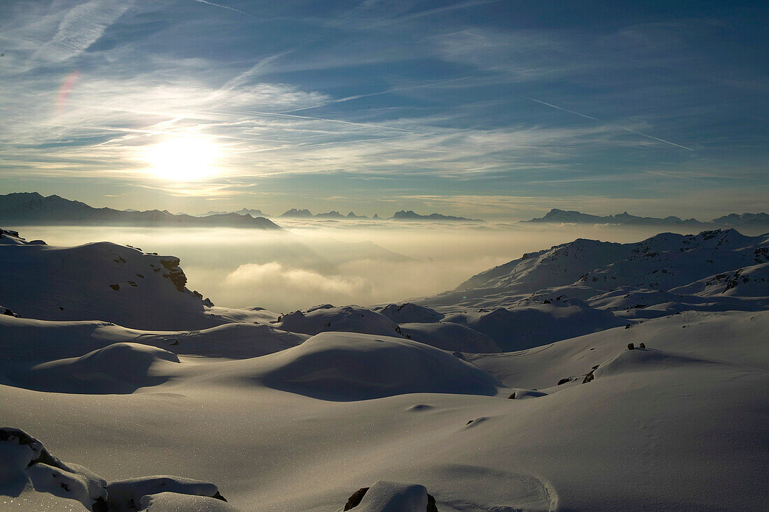 Winter, Sonnenuntergang, Skifahrer, St Luc, Chandolin, Wallis, Schweiz