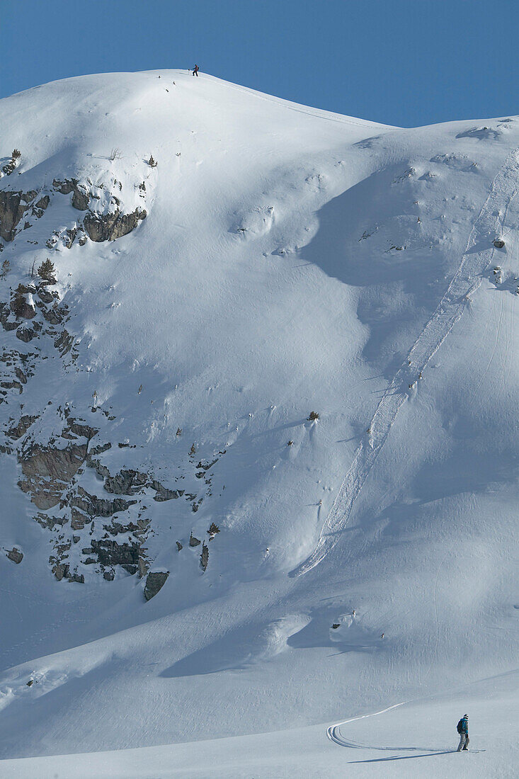Men, Skiing, Snowy Mountains, Valley, St Luc, Chandolin, Valais, Switzerland