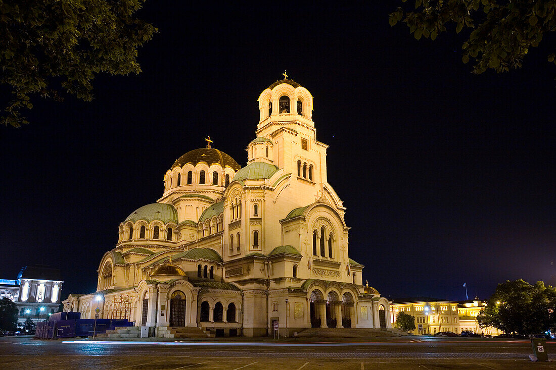 Illuminated Saint Alexander Nevski Cathedral at night, Sofia, Bulgaria, Europe