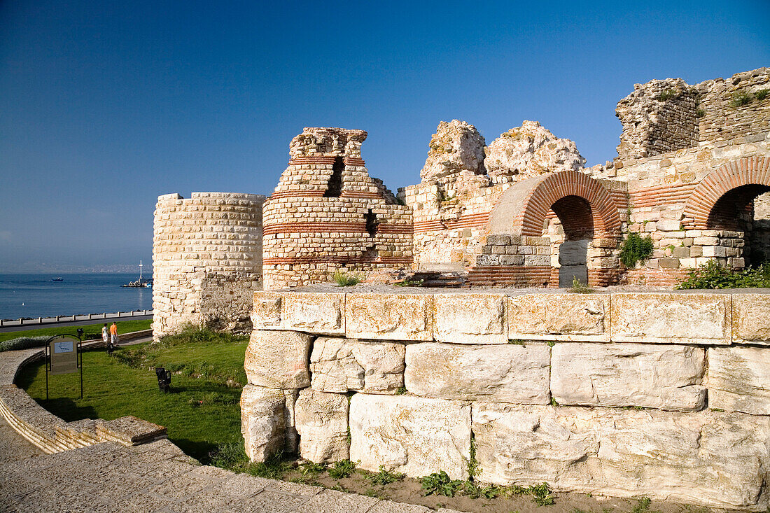 Ruins of medieval fortification walls, Nesebar, Black Sea, Bulgaria, Europe
