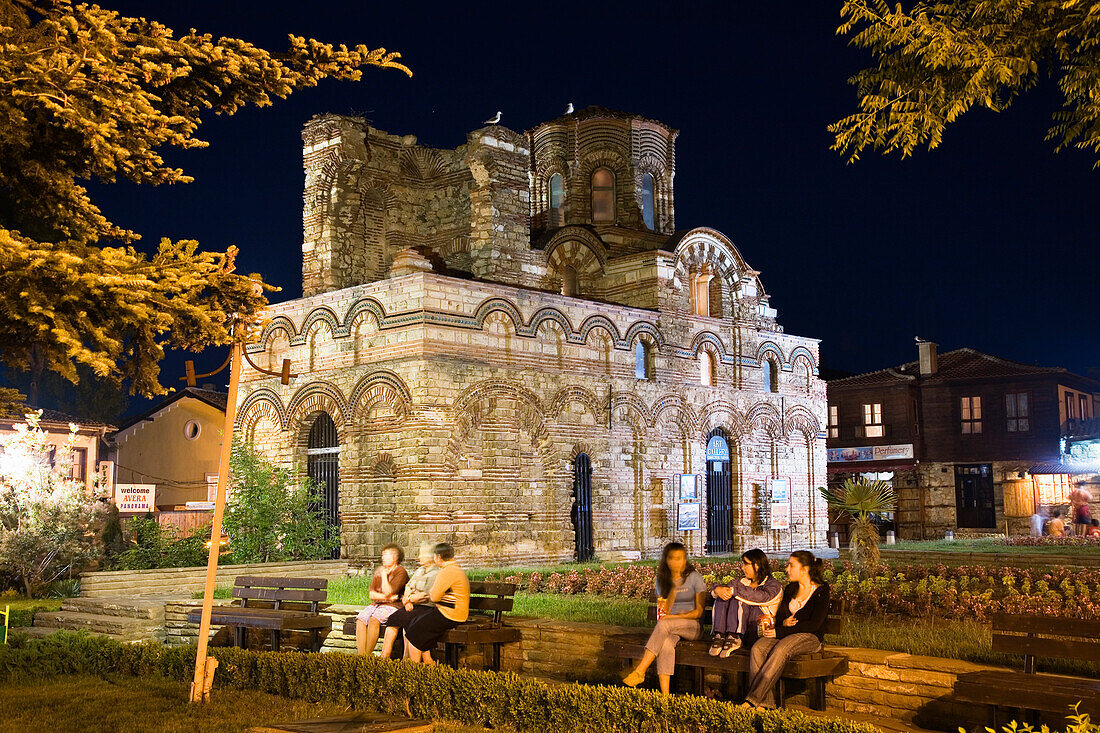 People in front of Jesus Christ Pantocrator church at night, Nesebar, Black Sea, Bulgaria, Europe