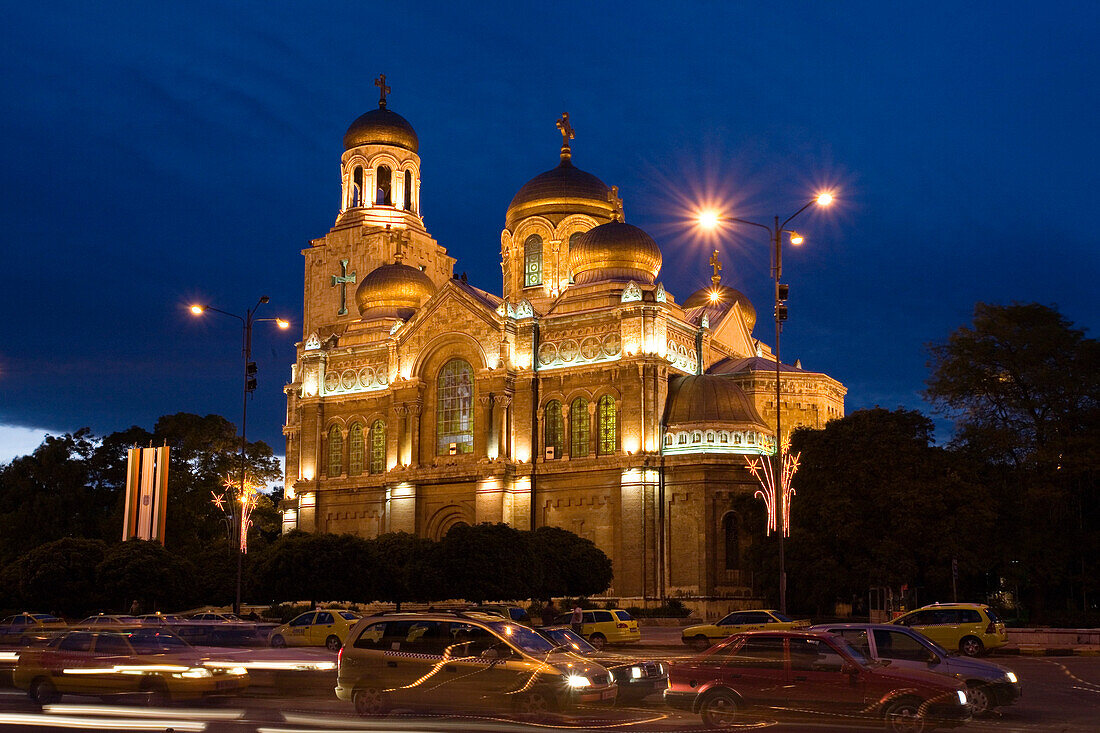 Illuminated Chram Sveta Uspenie Bogorodicno cathedral at Varna, Bulgaria, Europe