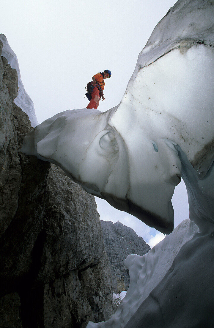 Climber at Dachstein, crevasse at regular route, Dachstein Range, Upper Austria, Austria