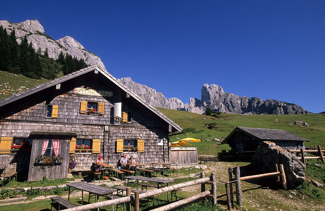 alpine hut of Stuhlalm with Bischofsmütze, Dachstein range, Salzburg, Austria