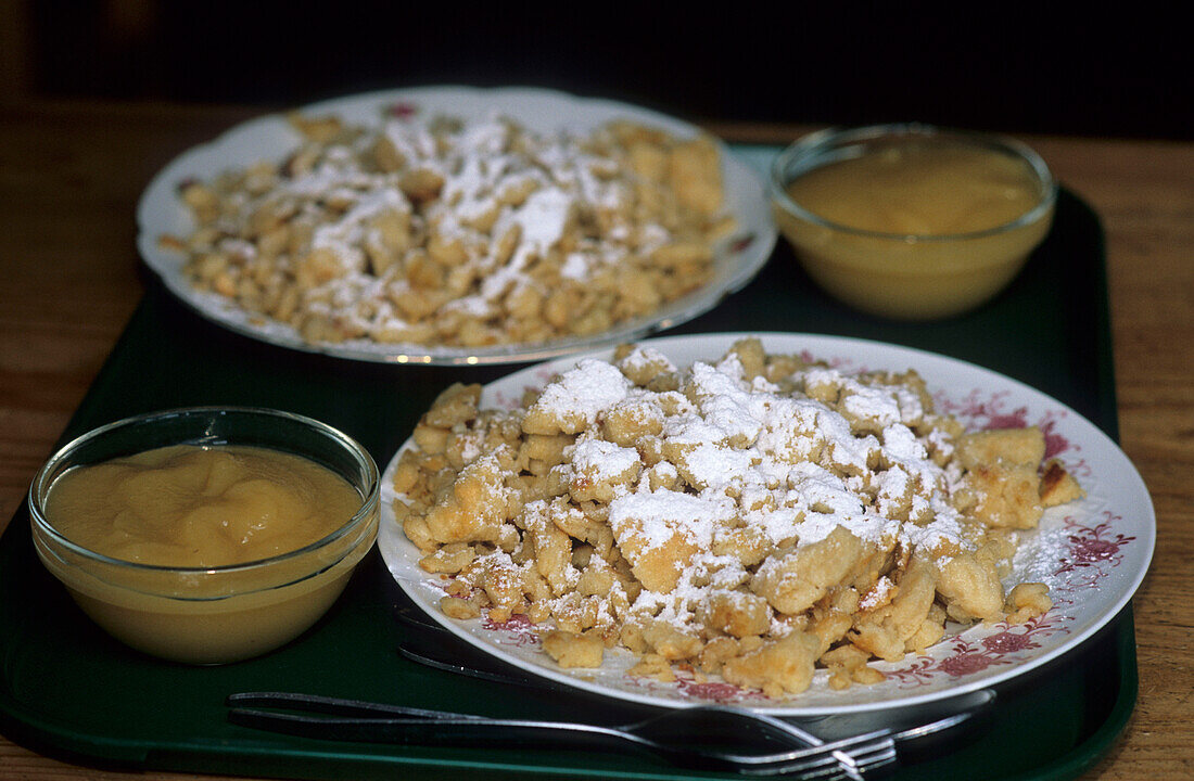 meal at alpine hut, Kaiseschmarrn, cut-up and sugared pancake with raisins, Upper Bavaria, Bavaria, Germany