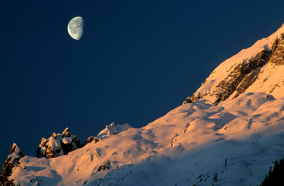 moon over alpine pasture of Hochalm, Berchtesgaden range, Upper Bavaria, Bavaria, Germany