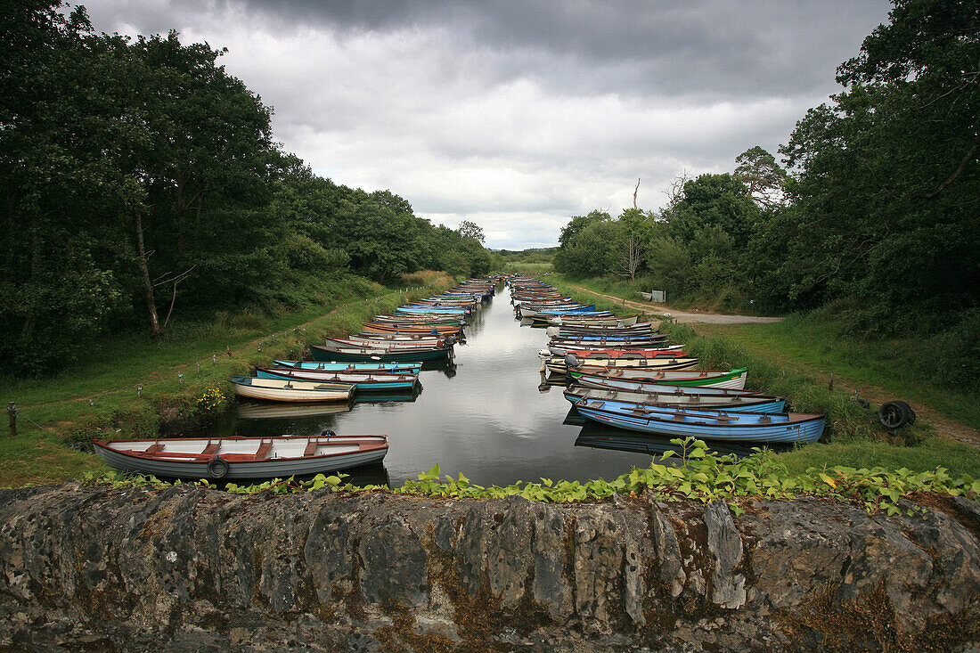 Colourful rowing boats under grey clouds, Killarney, Ring of Kerry, Ireland, Europe