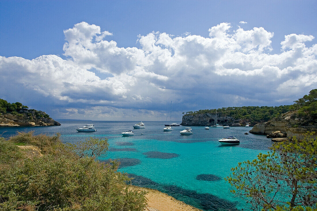 Jachten in einer Bucht, Mittelmeer, Portals Vells, Mallorca, Spanien