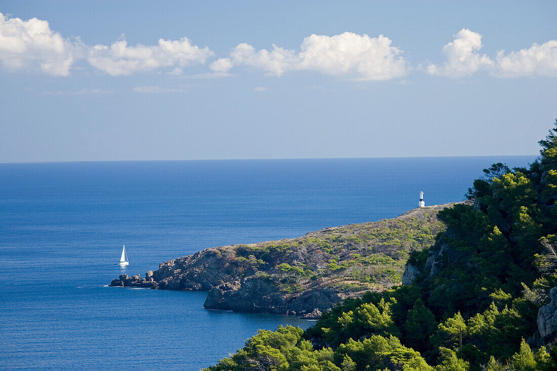 Sailing boat off shore, Badia de Pollenca, Cap des Pinar, Majorca, Balearic Islands, Spain, Europe
