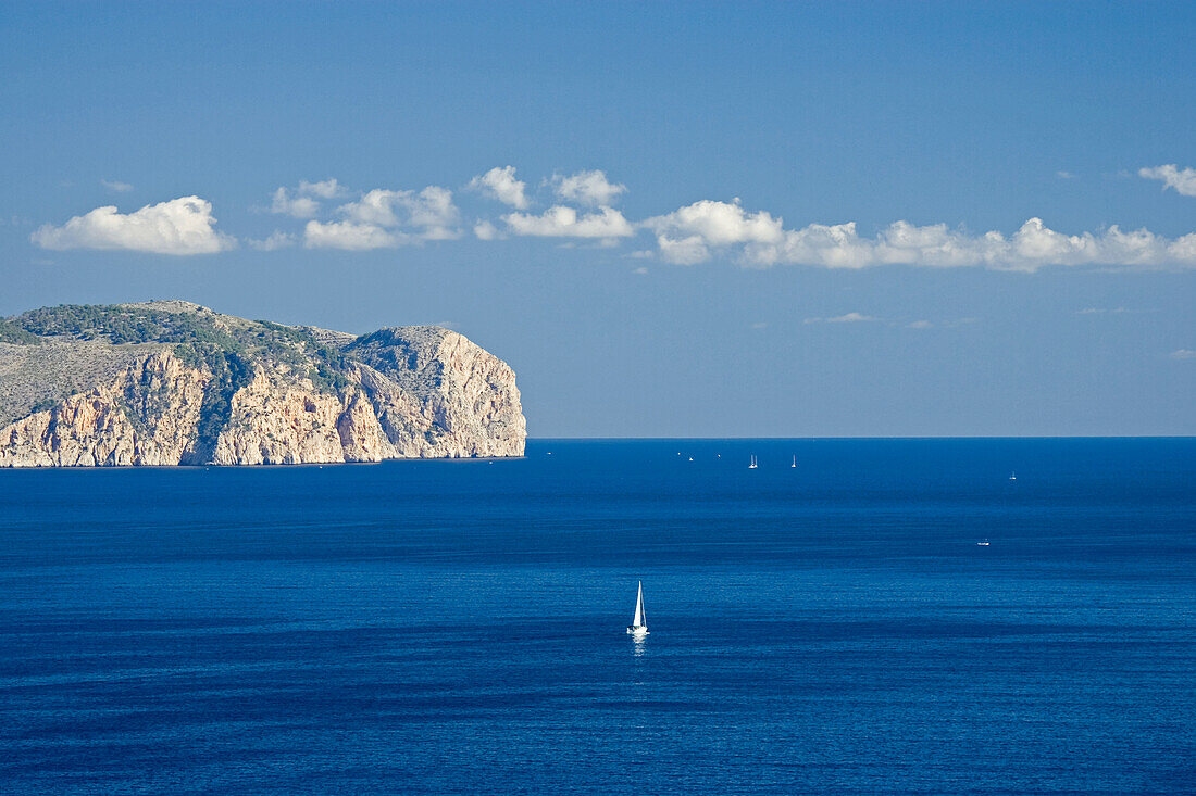 Bay with sailing boat, Badia de Pollenca, Formentor, Majorca, Spain