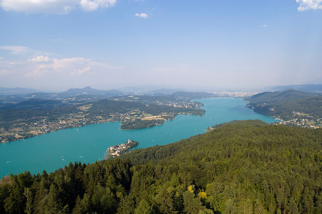 Aerial shot of Maria Wörth, Wörthersee (biggest lake of Carinthia), Carinthia, Austria