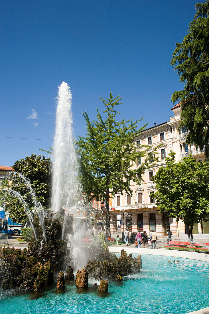 Fountain at Piazza Manzoni, Lugano, Lake Lugano, Ticino, Switzerland