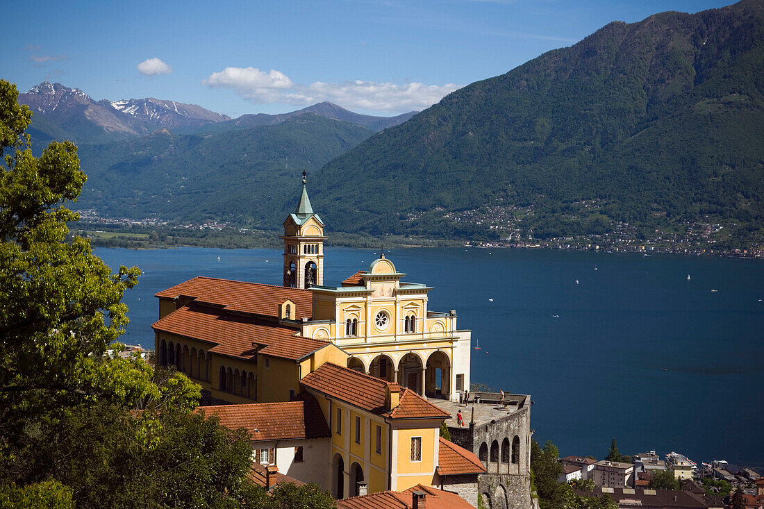 Pilgrimage church Madonna del Sasso, panoramic view over Lake maggiore, Orselina, near Locarno, Ticino, Switzerland