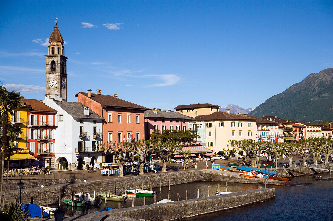 View over harbour and old town with church Santi Pietro Paolo in the background, Ascona, Ticino, Switzerland
