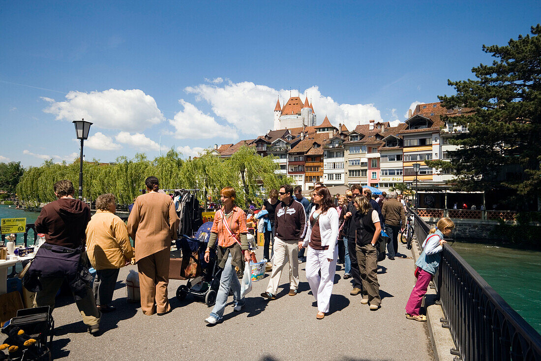 People walking over bridge, Thun (largest garrison town of Switzerland), Bernese Oberland (highlands), Canton of Bern, Switzerland