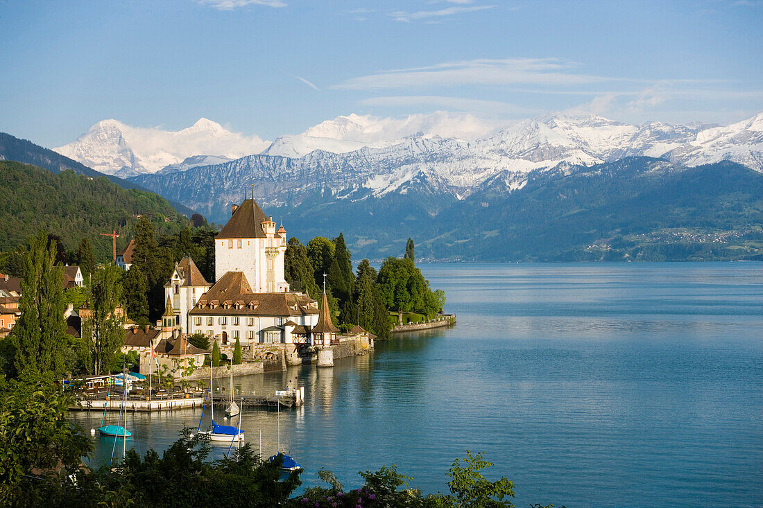 Castle Oberhofen at Lake Thun, Eiger (3970 m), Mönch (4107 m) and Jungfrau (4158 m) in background, Oberhofen, Bernese Oberland (highlands), Canton of Bern, Switzerland