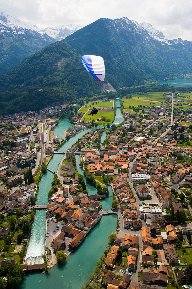 Tandem paragliding over Interlaken, Bernese Oberland (highlands), Canton of Bern, Switzerland