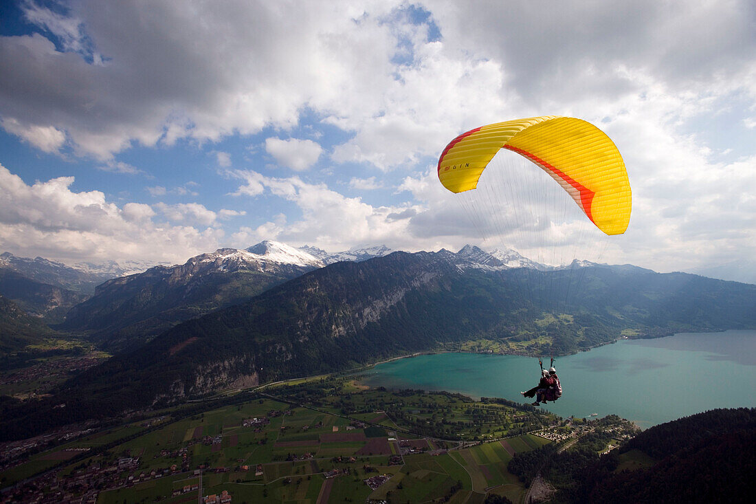 Tandem paragliding over Interlaken, Bernese Oberland (highlands), Canton of Bern, Switzerland