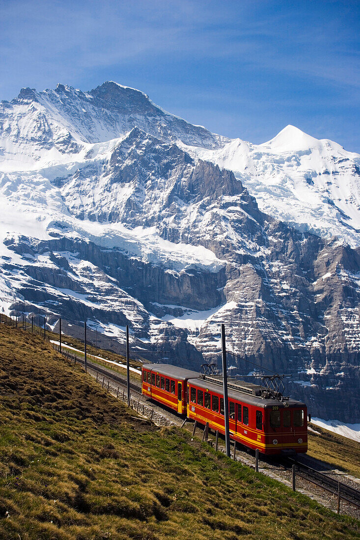 Jungfraubahn leaving station Kleine Scheidegg (2061 m), on the way to Jungfraujoch (highest railway station in Europe),  Jungfrau in the background, Bernese Oberland (highlands), Canton of Bern, Switzerland