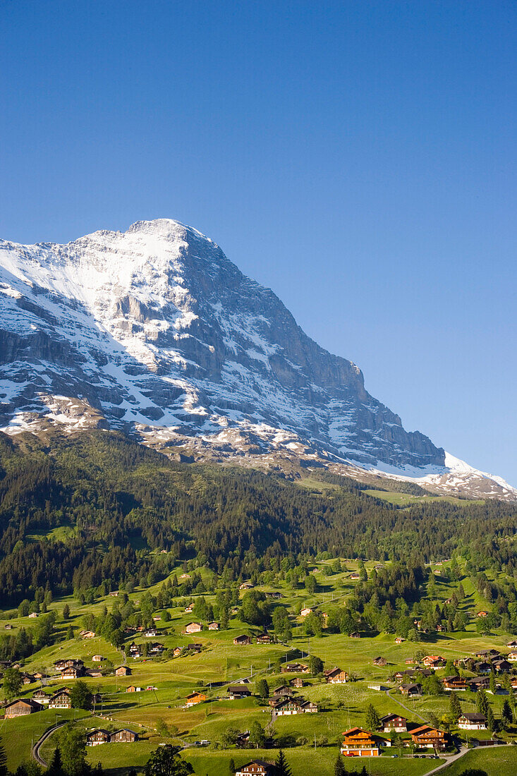 View over Grindelwald to Kleine Scheidegg and Eiger 3970 m, Grindelwald, Bernese Oberland, Canton of Bern, Switzerland