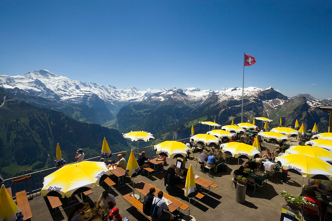 View over the terrace of the mountain restaurant Schynige Platte to mountain range, Interlaken, Bernese Oberland, Canton of Bern, Switzerland
