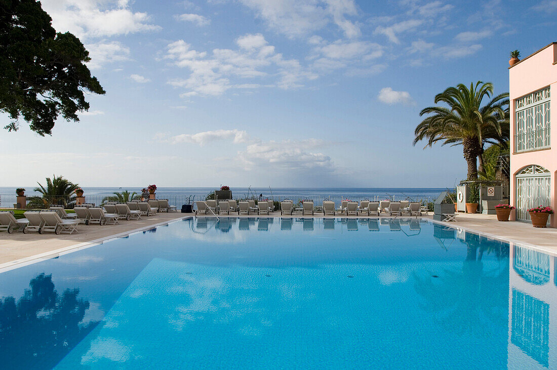 View at the deserted pool of the Reids Hotel, Funchal, Madeira, Portugal