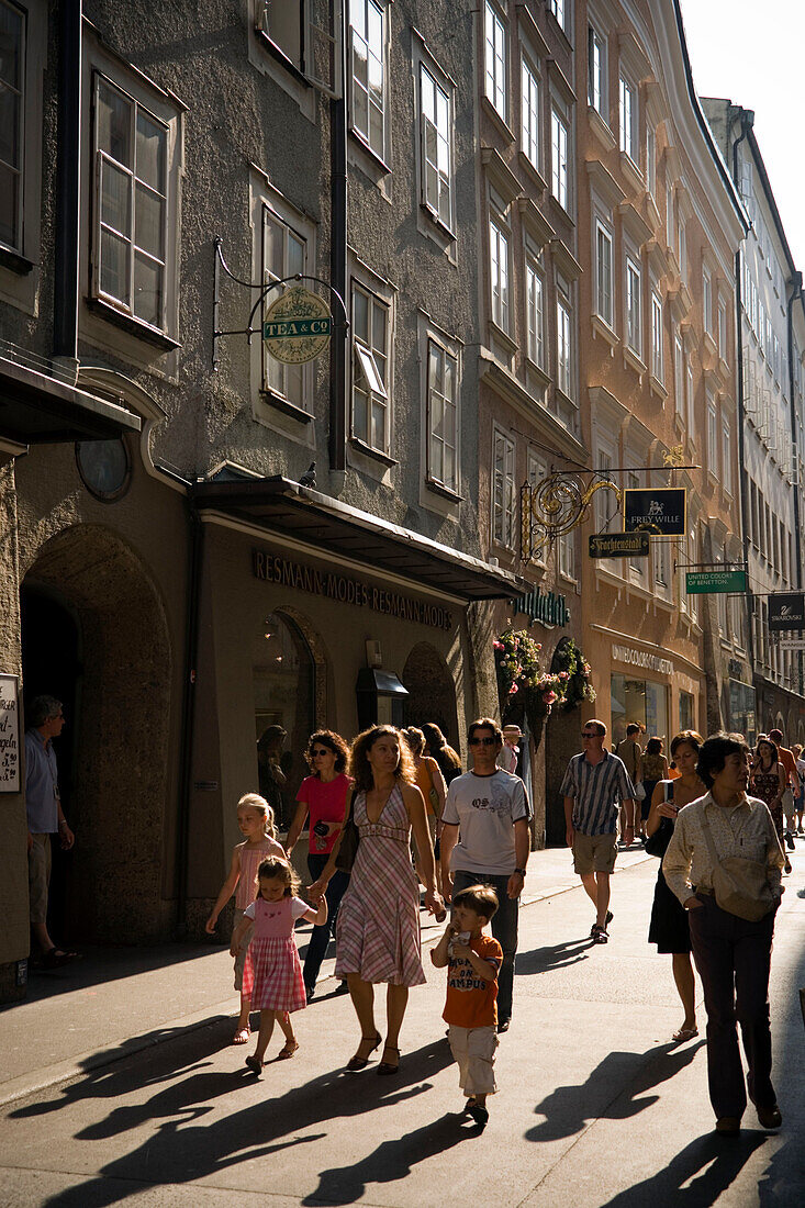 People strolling over Getreidegasse, Salzburg, Salzburg, Austria, Since 1996 historic centre of the city part of the UNESCO World Heritage Site