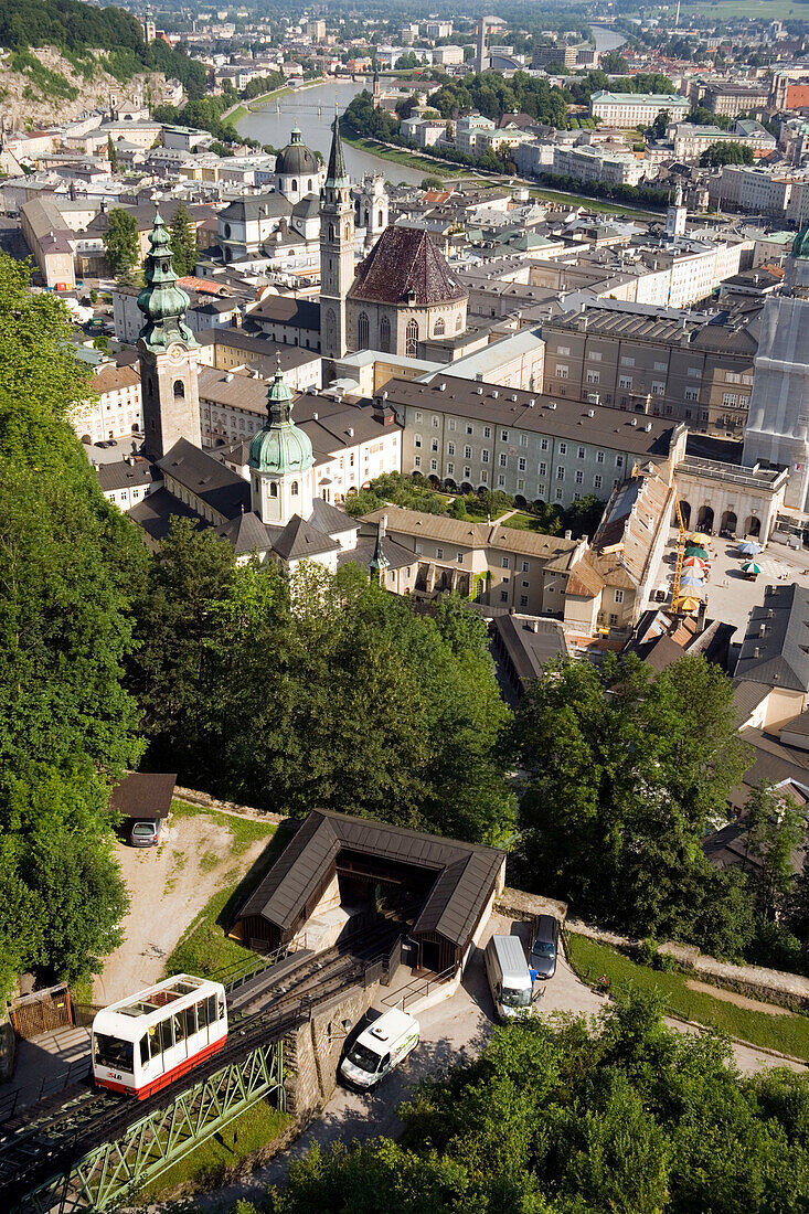 View from mountain Festungsberg to Festungsbahn and Old Town with St. Peter's Archabbey and Franciscan Church, Salzburg, Salzburg, Austria, Since 1996 historic centre of the city part of the UNESCO World Heritage Site