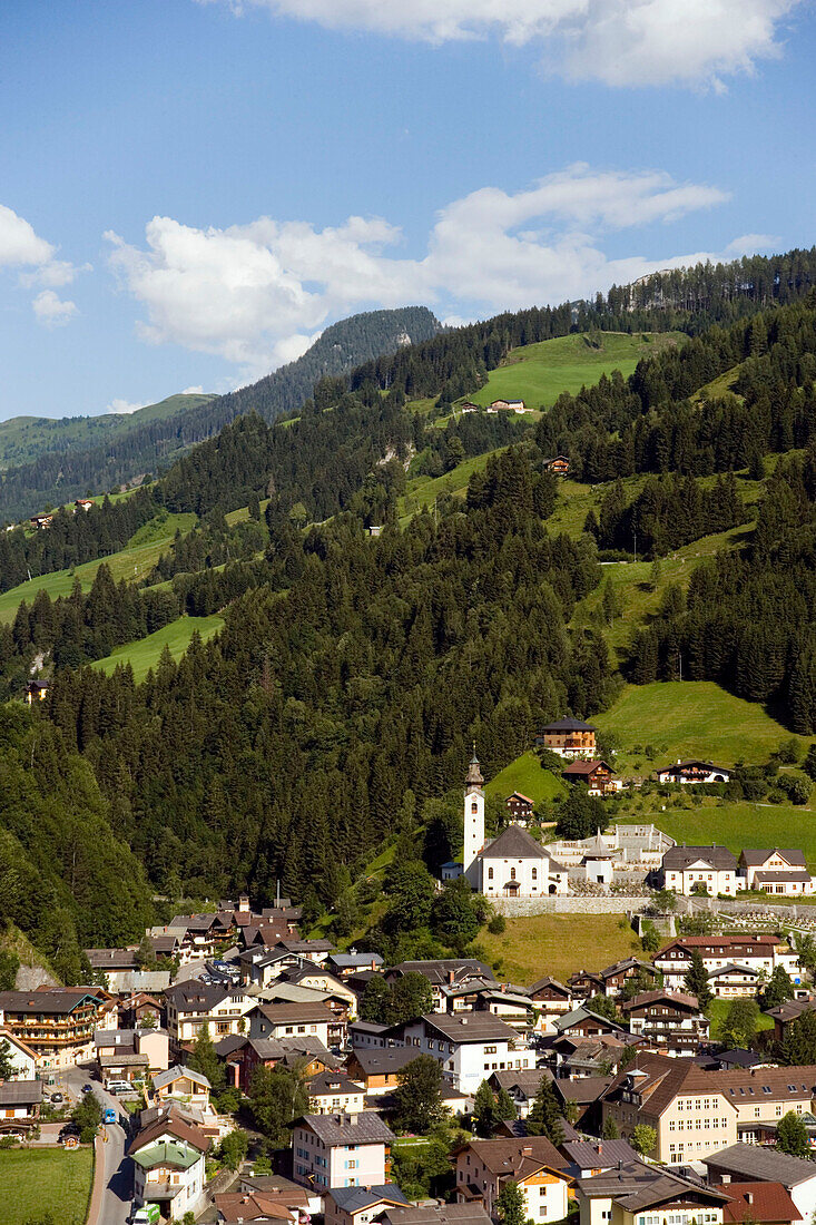 View over Grossarl with parish church St. Martin and Ulrich, Grossarl, Grossarl Valley, Salzburg, Austria