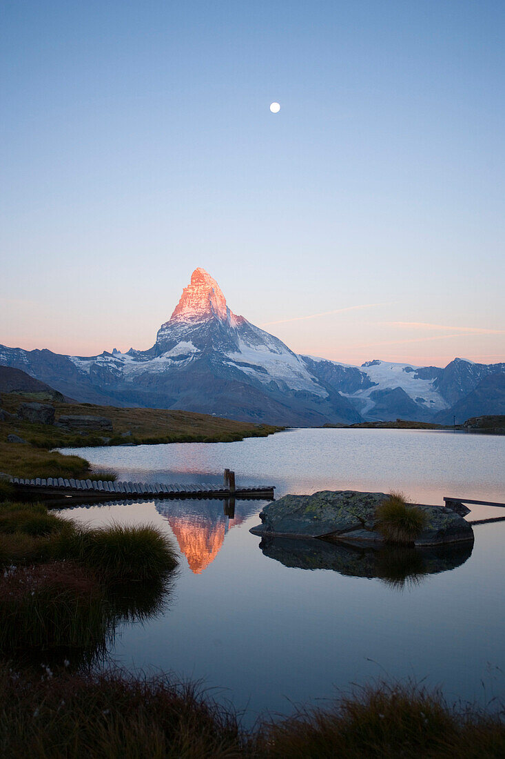 Matterhorn (4478 m) reflected in Stellisee (2573 m), Zermatt, Valais, Switzerland