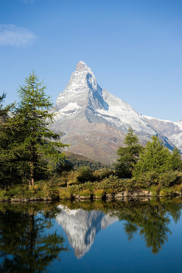 Matterhorn (4478 m) reflected in Grindjisee (2334 m), Zermatt, Valais, Switzerland