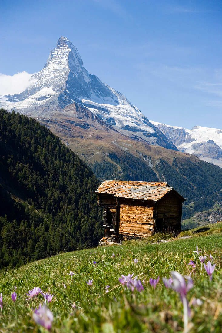 A solitary wooden house on the mountainside, Findeln, Matterhorn 4478 m, in the background, Zermatt, Valais, Switzerland
