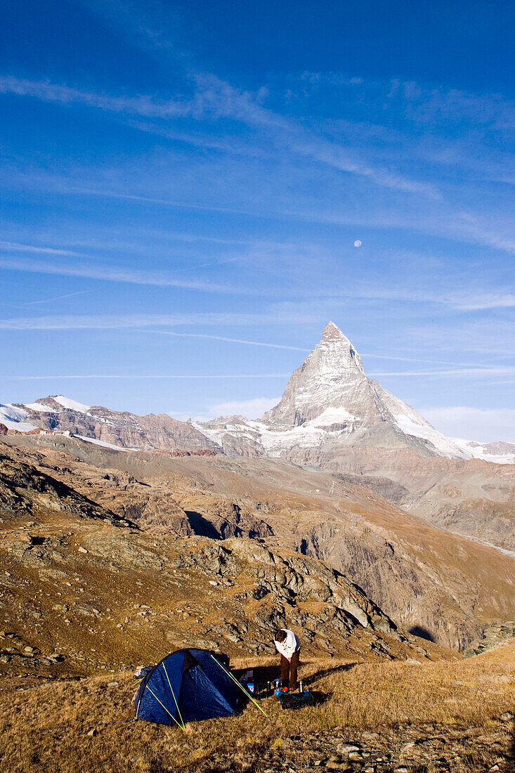 Tent on mountain, Matterhorn (4,478 metres) in background, Zermatt, Valais, Switzerland