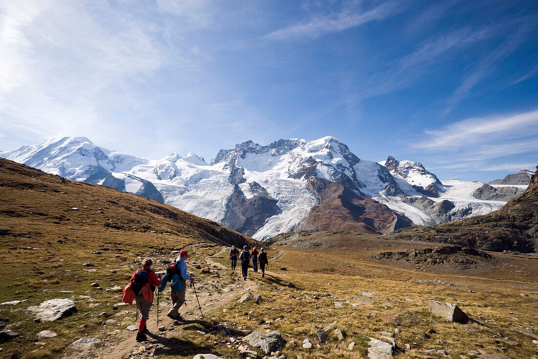People hiking from the Gornergrat to the Monte Rosa-massif, Zermatt, Valais, Switzerland