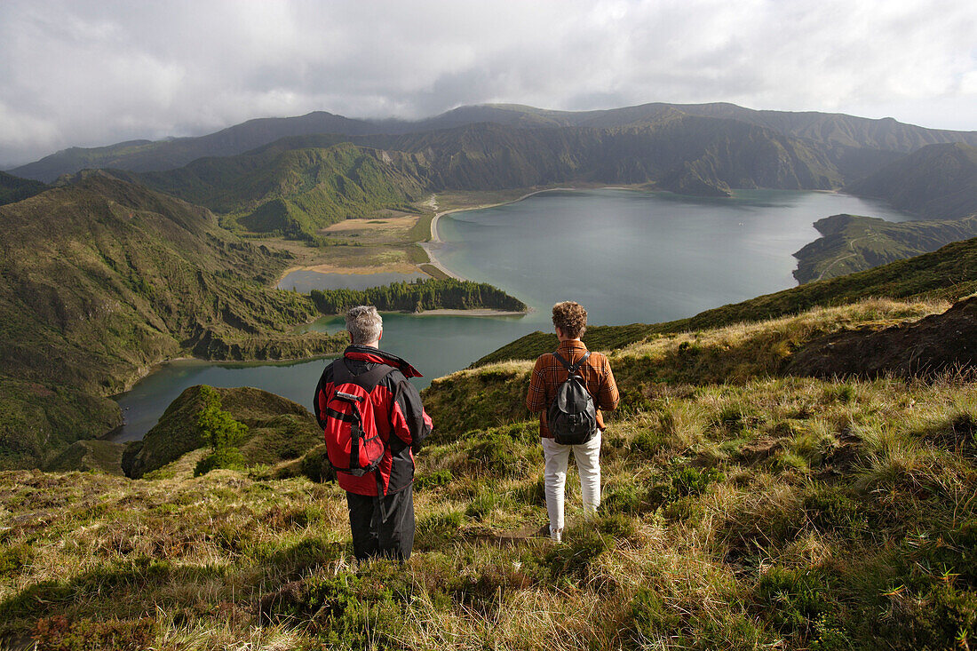 Hikers on Lagoa do Fogo, Azores, Portugal