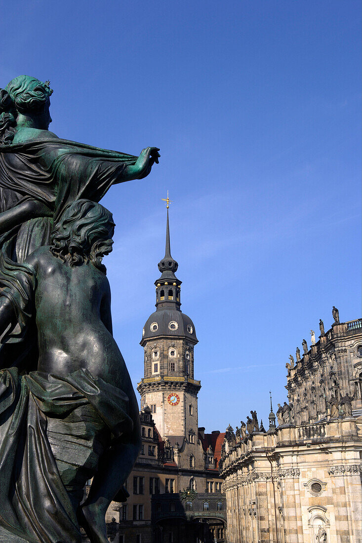 View from Bruehlsche Terrasse to the chateau and the cathedral, Dresden, Saxony, Germany