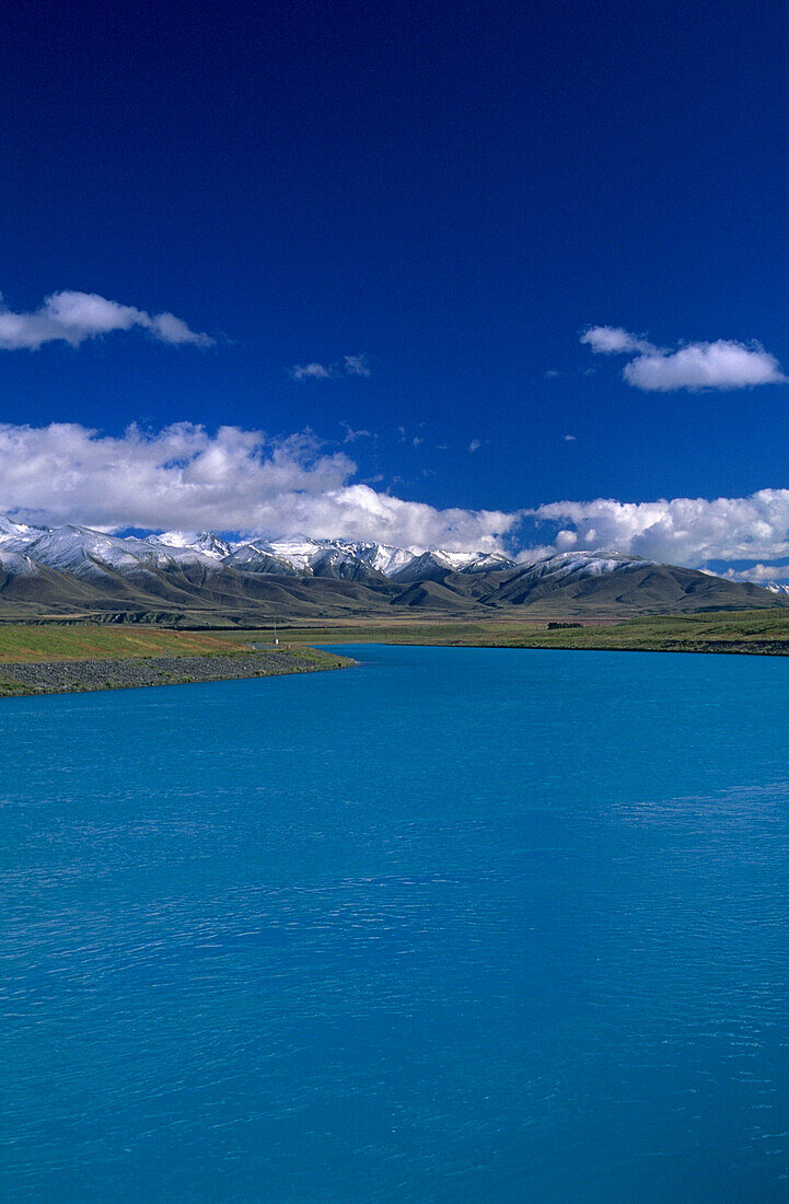 Canal of the Waitaki river system and the southern alps, South Island, New Zealand