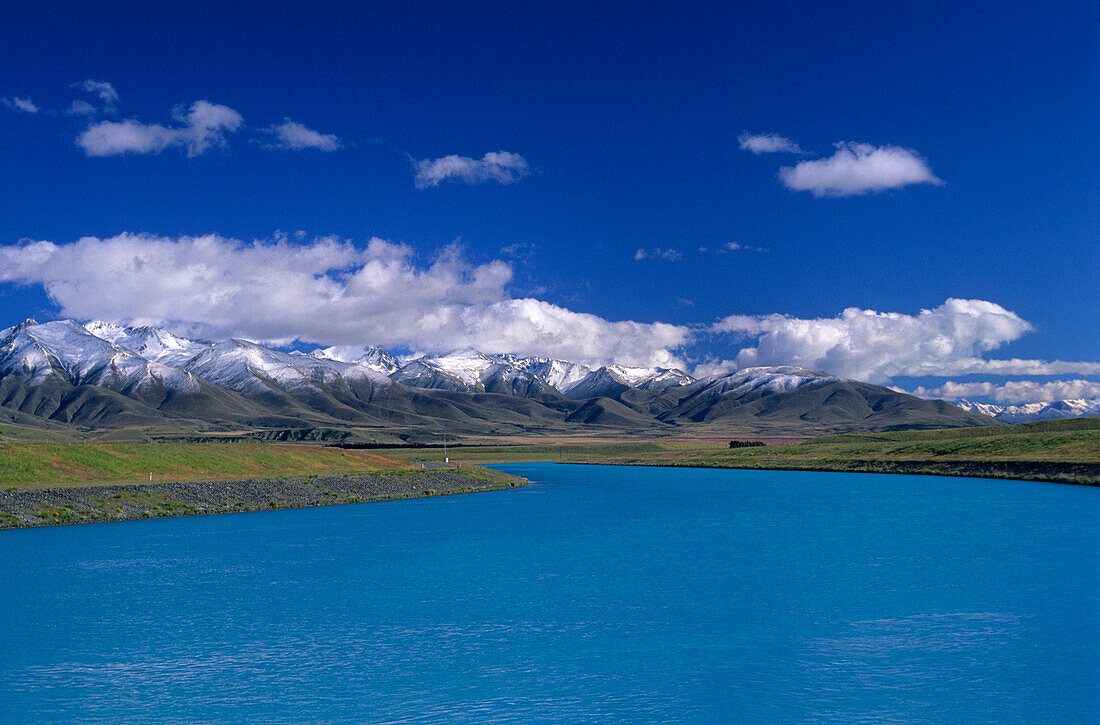 Canal of the Waitaki river system and the southern alps, New Zealand