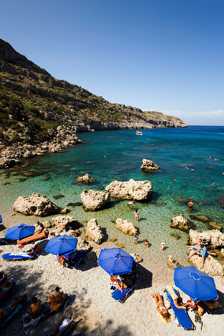 View over beach at Anthony Quinn Bay, film location of the film The Guns of Navarone, Falirakis, Rhodes, Greece