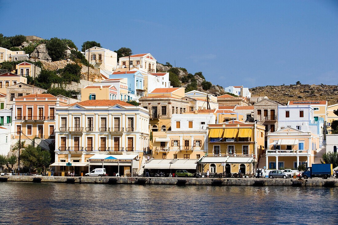 Mansions at quay of harbour Gialos, Simi, Symi Island, Greece
