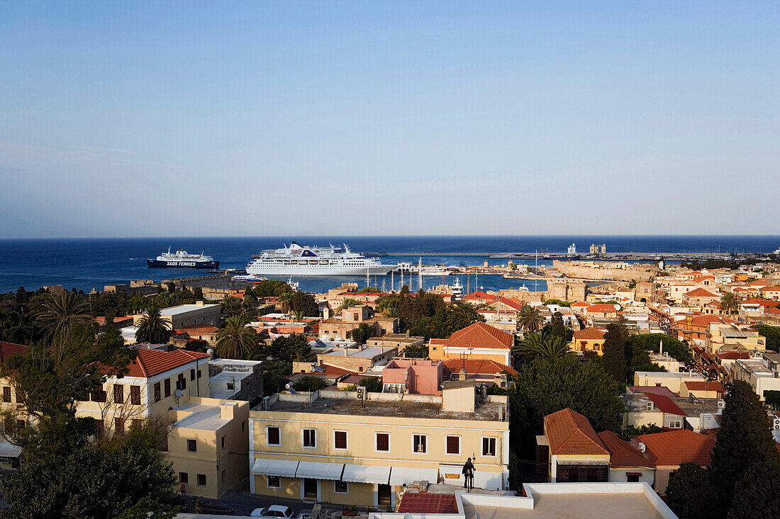 View over old town of Rhodes Town, Rhodes, Greece, (Since 1988 part of the UNESCO World Heritage Site)