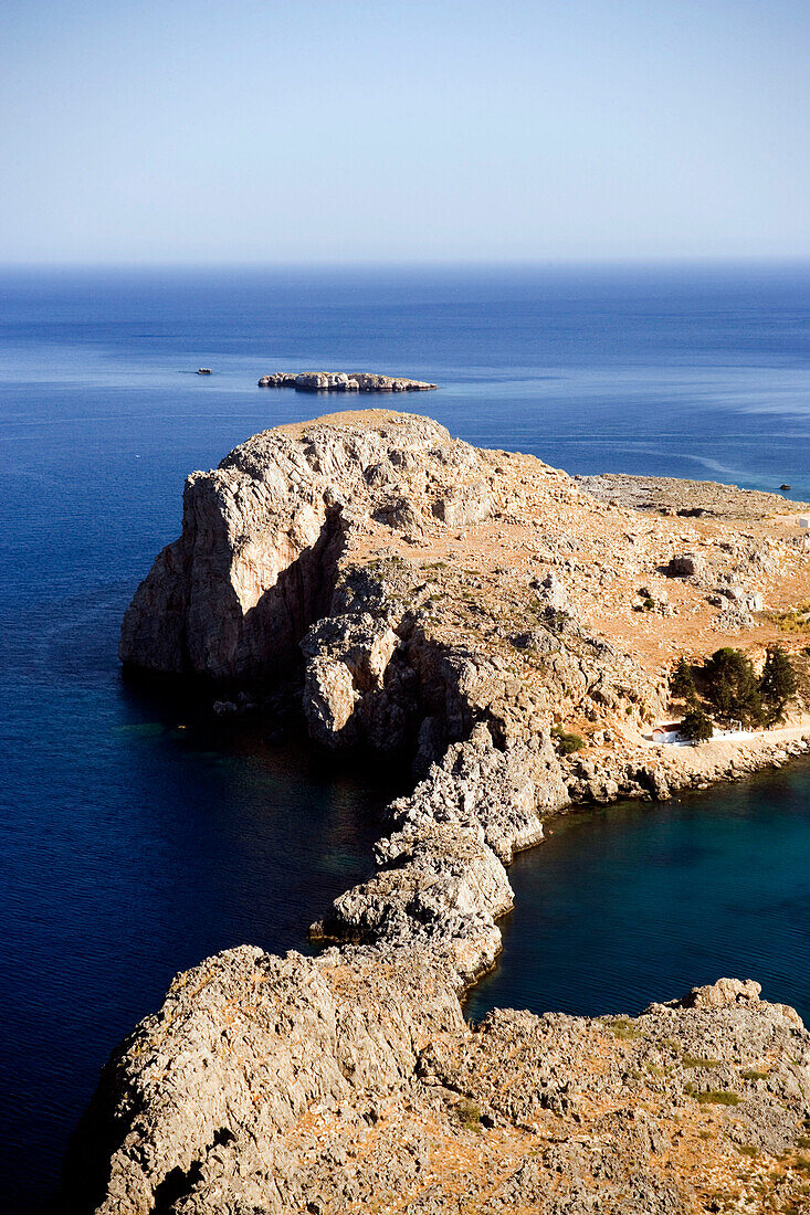 Elevated view of Saint Paul's Bay (Agios Pavlos), Lindos, Rhodes, Greece